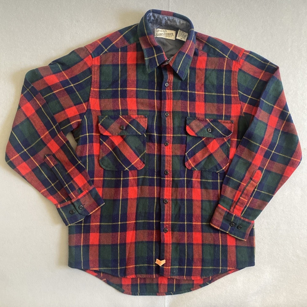 Vintage Sears Roebuck Plaid Flannel Wool Blend Red Blue Green Men's Size Medium